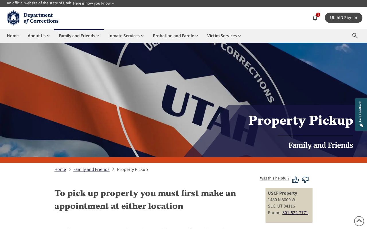 UDC property pickup route after a Utah State Correctional Facility release